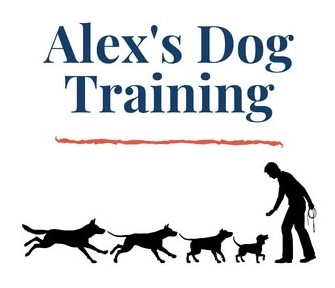 Alex’s Dog Training logo featuring dog silhouettes and trainer